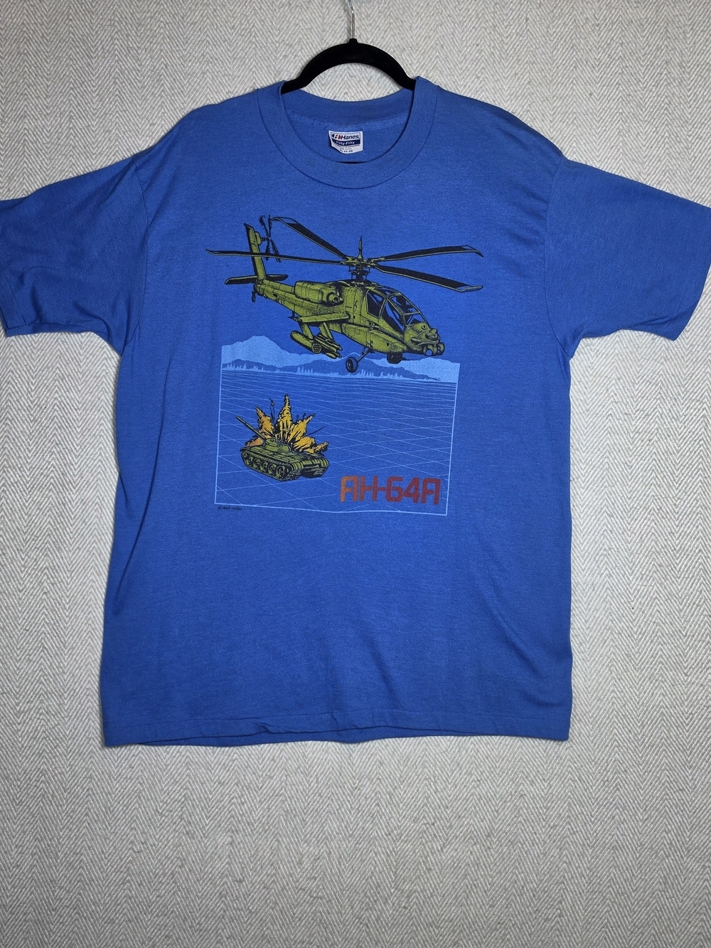 Vintage 80s Apache AH 64A Helicopter Hanes Blue Tee Single Stitch Green Yellow